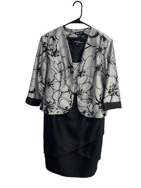 Dana Kay 16 Silver Black Floral Jacket Dress Set Formal Wear Glam Parisian